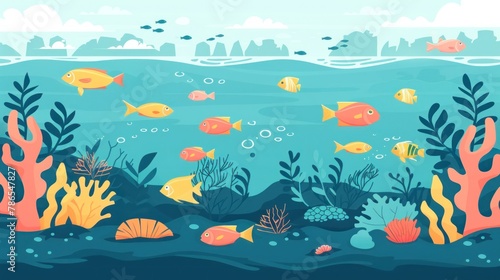 A colorful underwater scene with many fish swimming around