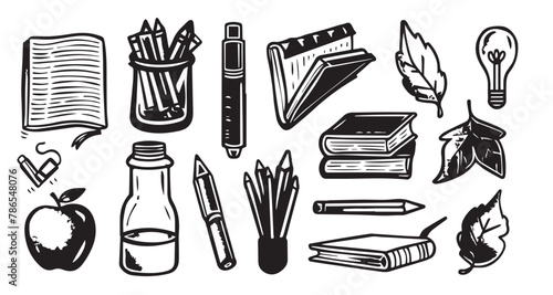 back to school set, hand drawn style