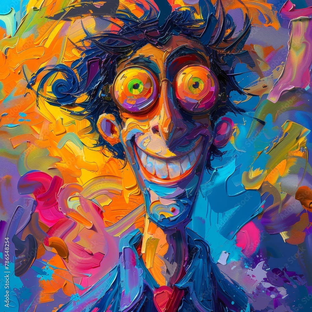 Man face depicted with exaggerated emotions: large eyes, wide smile, surreal colors; a captivating portrait emerges
