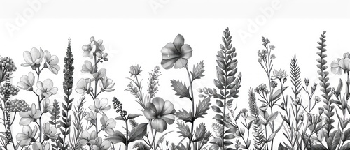 A black and white drawing of a field of flowers