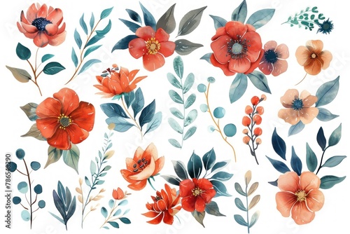 A collection of flowers and leaves in various colors and sizes