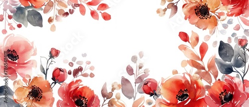 Fototapeta Naklejka Na Ścianę i Meble -  A watercolor painting of a flowery border with red flowers