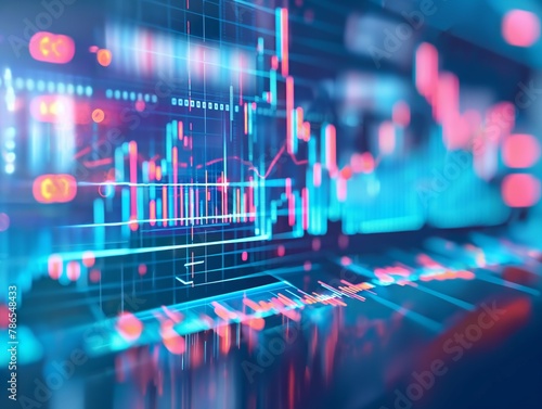 Stock exchange market graph and progress of business financial and investment data analysis on blue background.