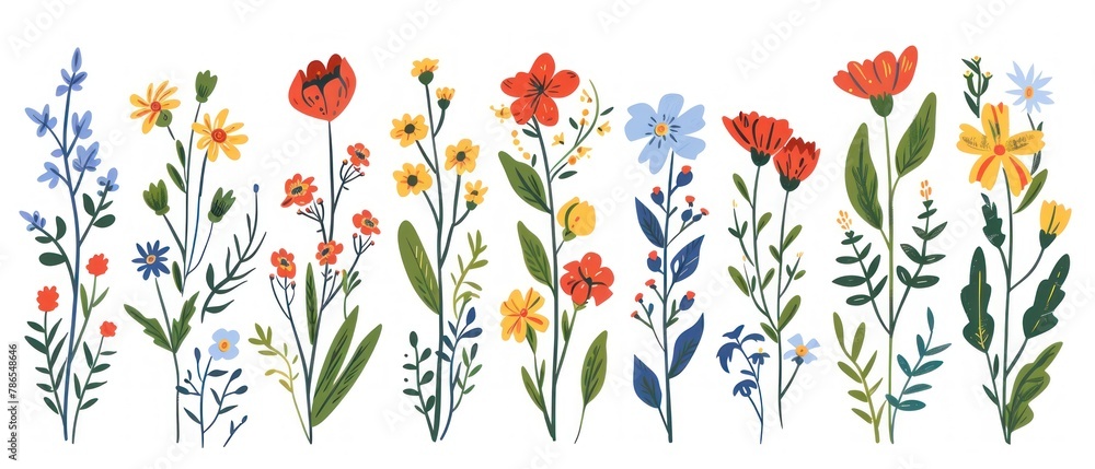 A row of flowers with a variety of colors and sizes