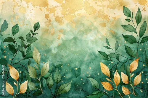 A painting of green leaves with gold accents