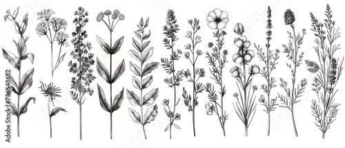 A series of black and white flowers are shown in various sizes and positions