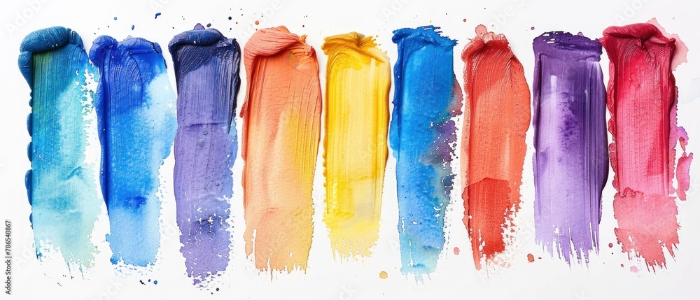 A row of colorful paint brushes with the colors blue, yellow, red, green