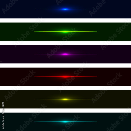Set of neon light beams. Laser beams. Horizontal beams. Glowing stripes on a black background. Vector beam illustrations.