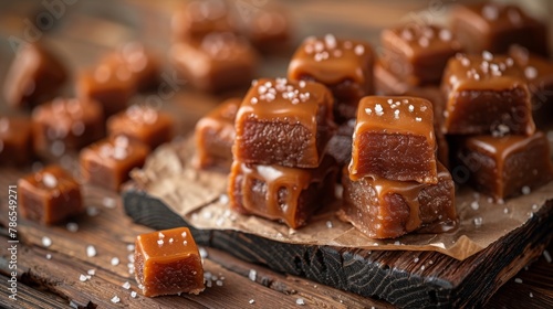 A close-up of salted caramel candies on a wooden background, and a space for copying
