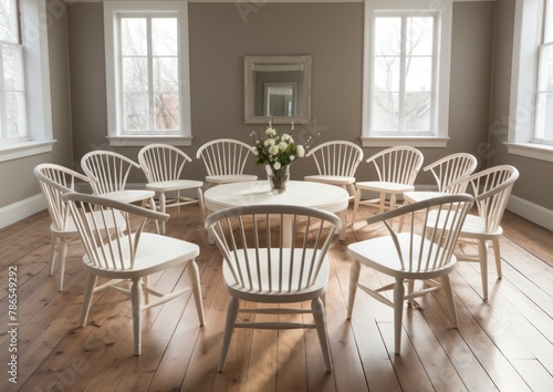 A room filled with chairs positioned around a table for meetings or discussions