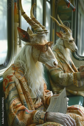 Fantasy creatures crowd the subway, centaur perusing a paper, whimsical rush hour with mythical passengers photo