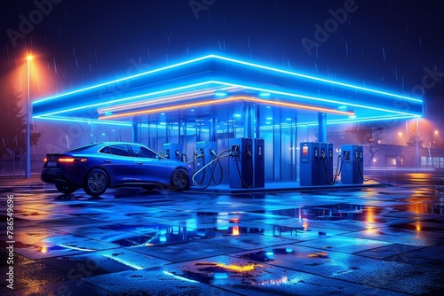 Futuristic of hydrogen fuel cell vehicle refueling station, representing clean energy. electric charging station at night with vibrant neon red lights. Sleek modern sports car connected to charger,