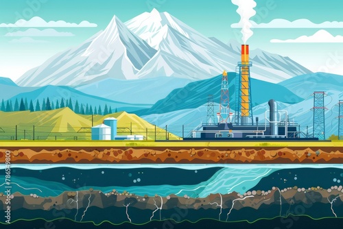 Graphic illustration shows drilling rig in pastoral setting cross-section of earth, highlighting underground natural gas extraction process. infographic explaining how geothermal energy is harnessed photo