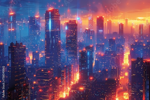 Futuristic solar panels integrated into urban landscapes,  Nighttime cityscape glows with dense high-rises, beams of light piercing through a digital rain in a neon-infused metropolis.