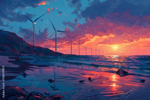 wind turbines standing tall on a windy coast at sunset, stand in shallow sea, sunset casting reflections on water, clouds streaked with pink and orange, depicting renewable energy harmony..