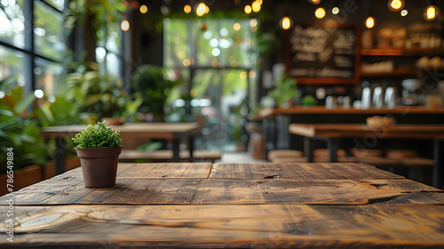  Empty Wooden Table and Blurred Cafe Background, Wood table on blur of cafe coffee shop bar background 