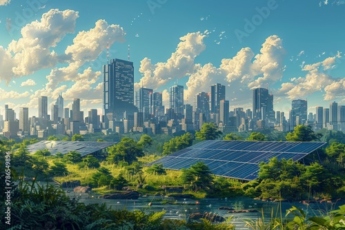 Futuristic solar panels integrated into urban landscapes, Renewable energy and nature blend before urban backdrop, solar panels amidst vibrant flora, reflecting city's commitment to sustainability