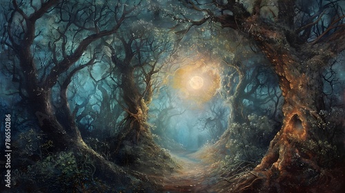 Misty Moonlit Forest Leads to Glowing Cave Entrance,Shrouded in Ethereal Light and Ancient Lore photo