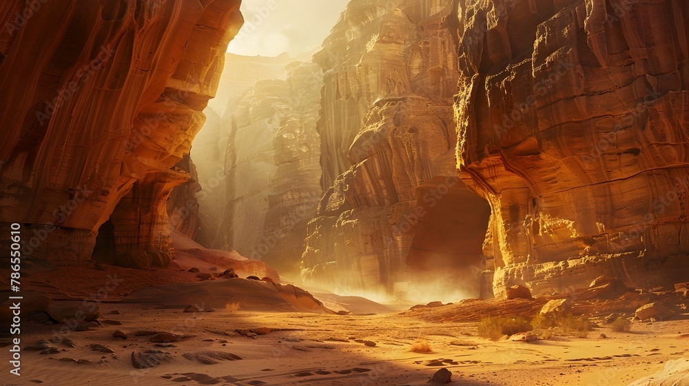Mysterious Desert Passage:A Sprawling Sandstone Landscape Revealing a Hidden Entrance to Ancient Forgotten Ruins
