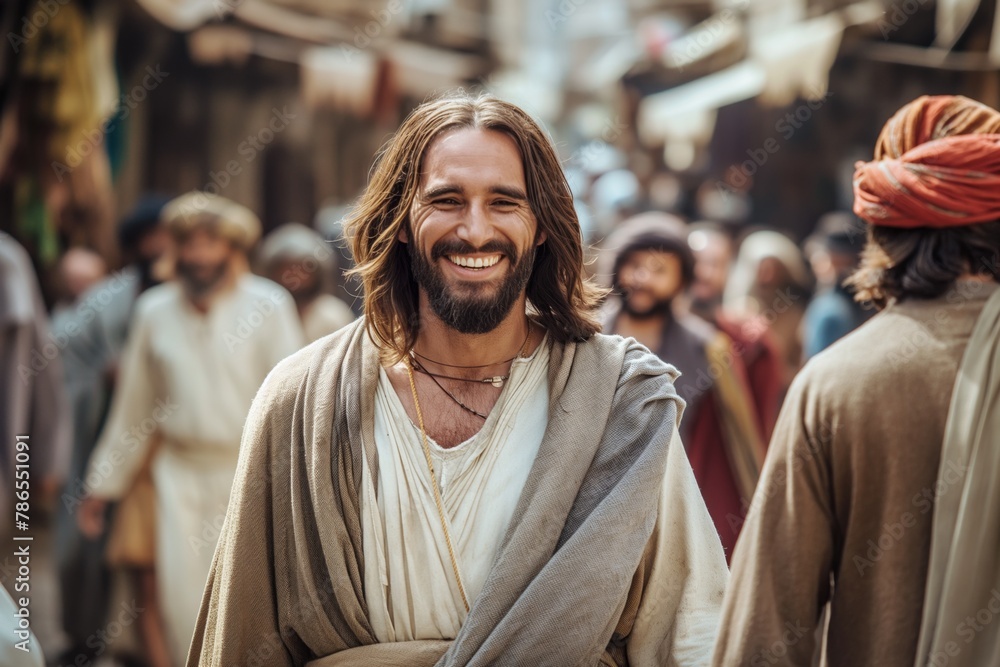 A happy smiling Jesus walks down the street among people