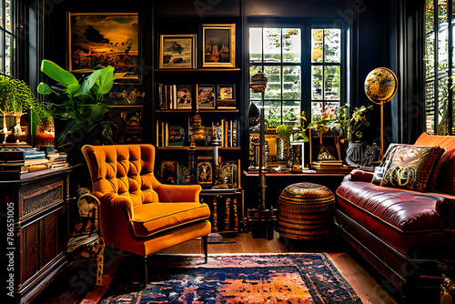 Vintage Home Library with Leather Armchairs and Eclectic Decorations
