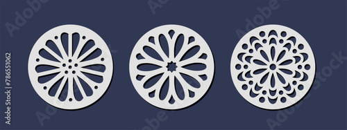Laser cut circle coaster templates with floral ornament. Cnc cutting with metal, wood, paper, glass, leather, engraving. Round decorative panel design, vector set
