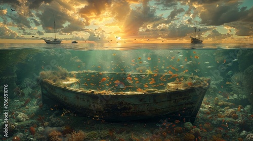 In this impossible scenario, boats sail through the sky, fish swim in the air, and sunset hues blend above and below