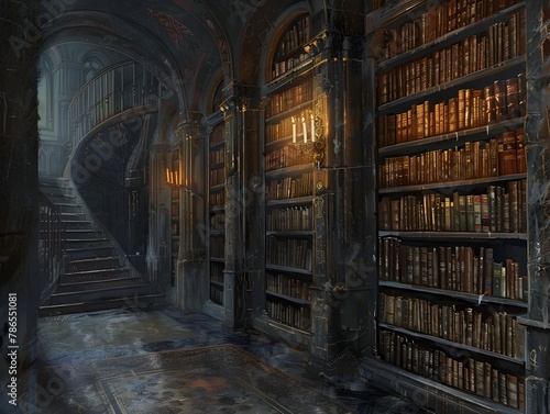Realm of Mystery:Towering Bookshelves Filled with Ancient Tomes,Hidden Passage Leading to a Chamber of Forbidden Knowledge