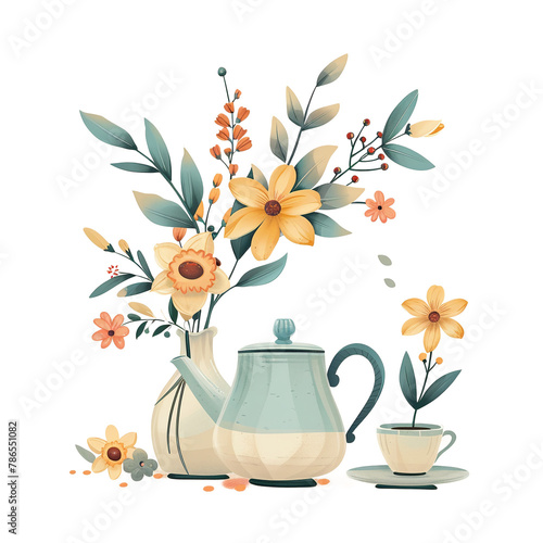 Create an image of a teapot with a bouquetpink roseSmall flowers spread along the edge of the pot A teacup