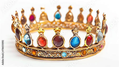 A golden crown with red, blue, green, and yellow jewels.