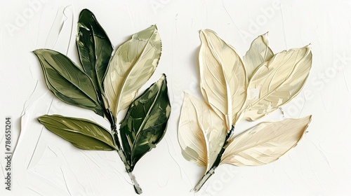 Leaves drawn with oil paint on a white background. Dark green and dark beige leaves in details and expressive lines in oil paint.
