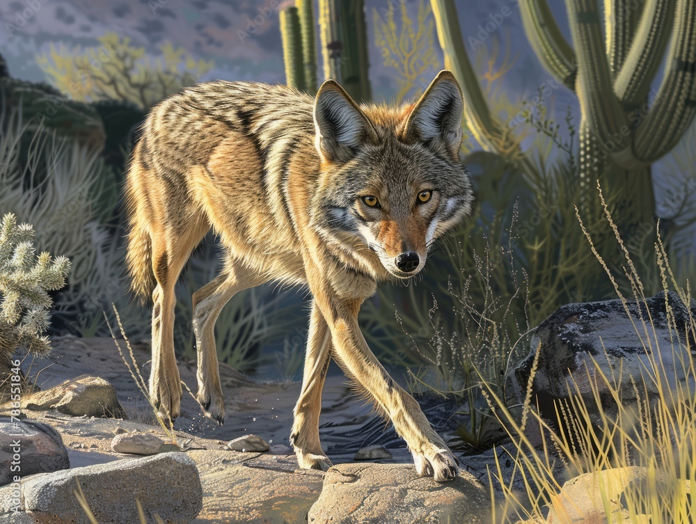 Coyote walks along rocky path, coyote walks along rocky path in the Sonoran Desert.