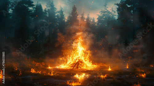 Bonfire or bonfire in the middle of the forest at night