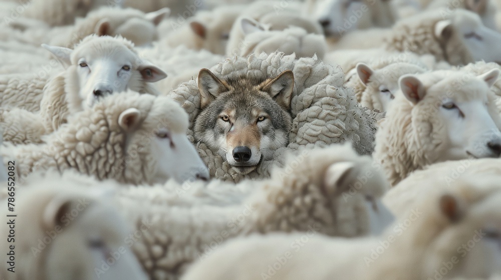 A wolf camouflage was among many sheep. AI generated image - obrazy, fototapety, plakaty 