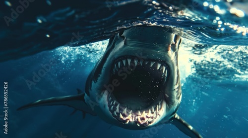 Portrait dangerous shark fish open toothy mouth swimming on the blue ocean underwater. AI generated photo