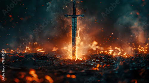 Powerful sword, lit in flames, concept of power and fire