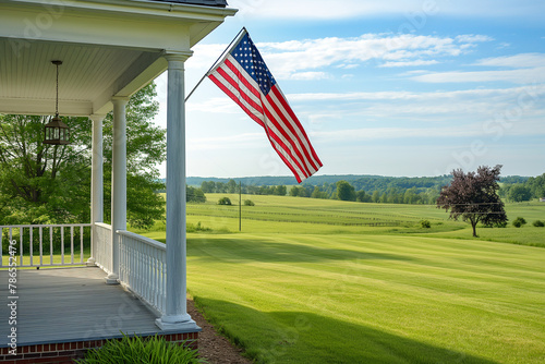 An American flag hanging from the porch of a classic farmhouse in the countryside, with rolling fields and a clear blue sky in the background, evoking a sense of nostalgia and nati photo