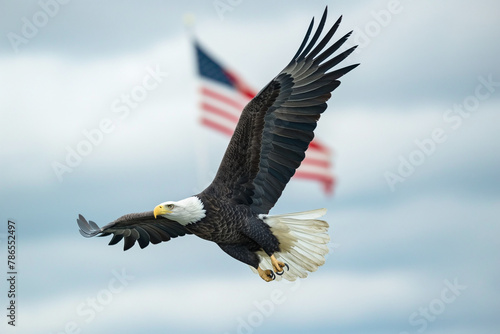 A majestic eagle soaring in the sky with an American flag prominently displayed in the background, symbolizing strength and freedom, patriotic, with copy space