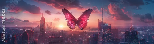 In a cityscape at dusk, whimsical cats with butterfly wings fly playfully, creating magic photo