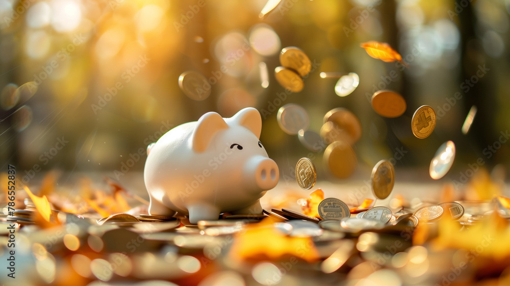 Coins falling to white piggy saving , Financial and money deposit concept. Coins falling to white piggy saving , Financial and money deposit concept.