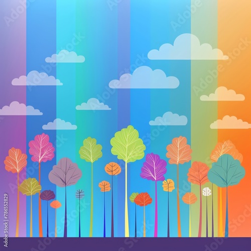 A vertical gradient background with trees and clouds on the horizon, in bright colors of blue, green, orange, purple and yellow Flat design style with simple lines, vector illustration using simple sh