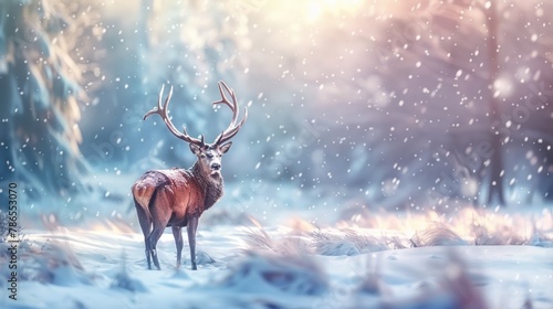 Illustration noble deer male animal in winter snow forest season landscape. AI generated image © MUCHIB