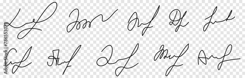 Set of fake hand written autograph. Different example signatures isolated on transparent background photo