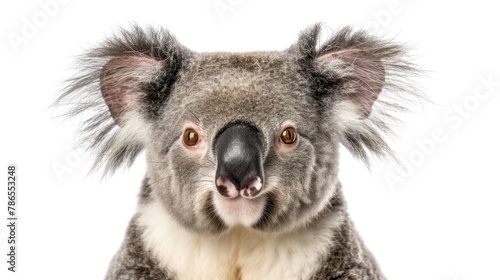 Portrait close up a funny male australian koala bear isolated of white background. AI generated