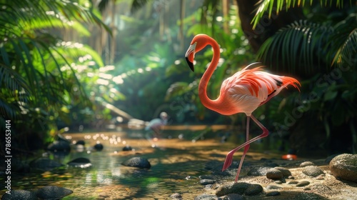Pink flamingo bird walking on pond on natural tropical green forest at sunny day. AI generated