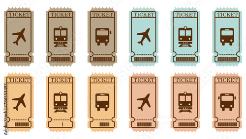 Travel ticket template for train pass, plane and bus vector illustration. Isolated on transparent.