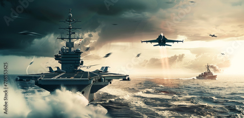 Dawn of valor, fighter jets launch from a majestic carrier in war zone turmoil