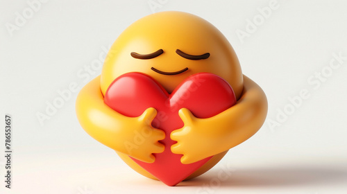 Care emoji yellow face emoticon with closed eyes hugging a red heart with both hands showing care, support, and presence on isolated white background