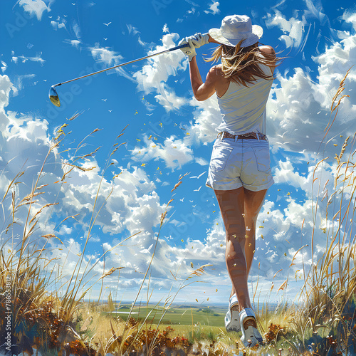 Young woman standing on the golf course, she is a professional golfer and works in competitions like the olympic games