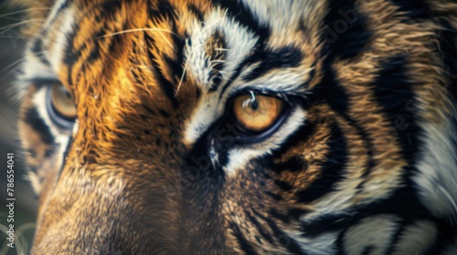 Closeup portrait detailed of tiger head striped with eyes dangerous animal. AI generated image